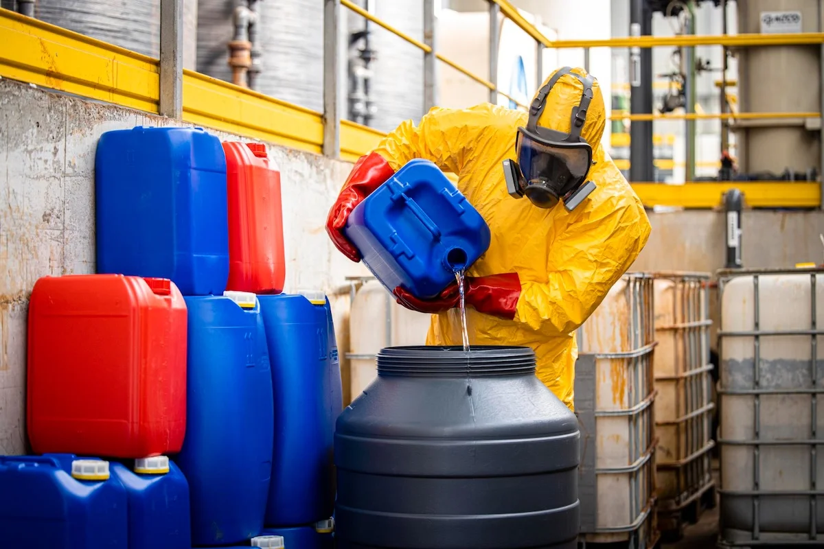 Chemical distributor in Malaysia handling industrial chemicals in protective equipment